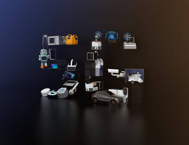 藍色背景上的智能設備。互聯網的東西和家庭自動化的概念。消費產品。3d 渲染圖像